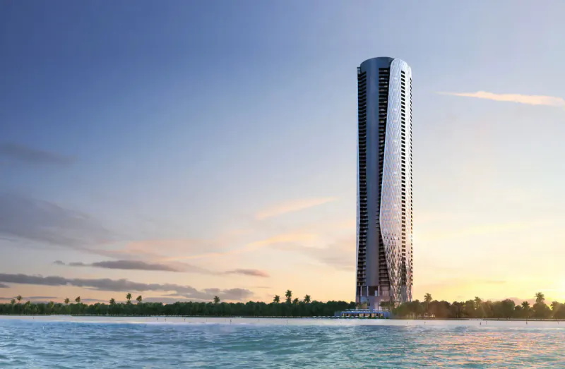 Bentley Residences: Sleek twisting high-rise tower on Sunny Isles Beach, Miami, at sunset with ocean and palms.