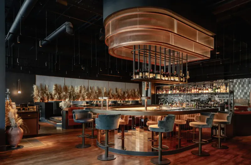 Modern Gaucho bar in Cardiff with copper hanging fixture, velvet stools, potted plants, and wooden floors.
