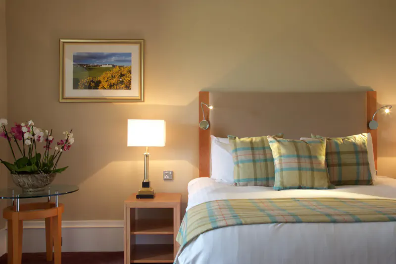 Cozy hotel bedroom with plaid bedding, pink orchids, lit lamp, and framed Carnoustie landscape painting.