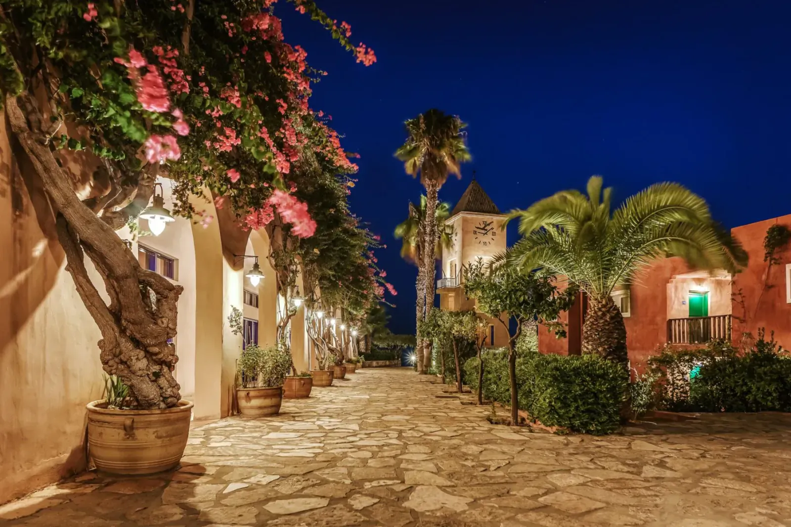 Twilight view of Candia Park Crete: bougainvillea-draped stone path between palm trees, lanterns, and terracotta buildings.