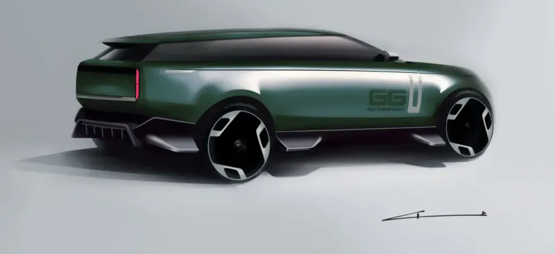 Rear view of sleek green Racing Green Automotive concept SUV with black wheels on white background.