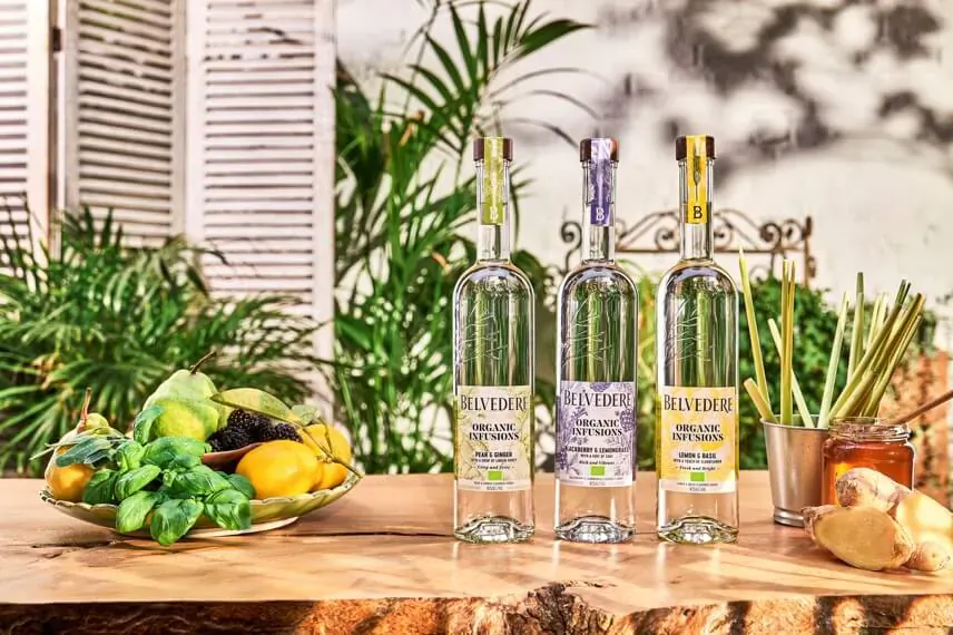 Three Belvedere organic vodka bottles with lemon, ginger, and herb infusions on a wooden table amid tropical plants.