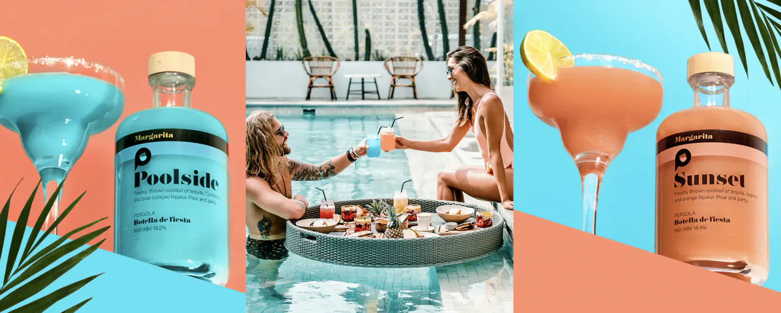 Poolside couple cheers with blue and pink 'Poolside' premixed margaritas garnished with lime by the pool.
