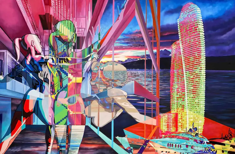 Abstract painting 'Domestic Situation': fragmented figures in pink-green on balcony with glowing tower, sunset sea.