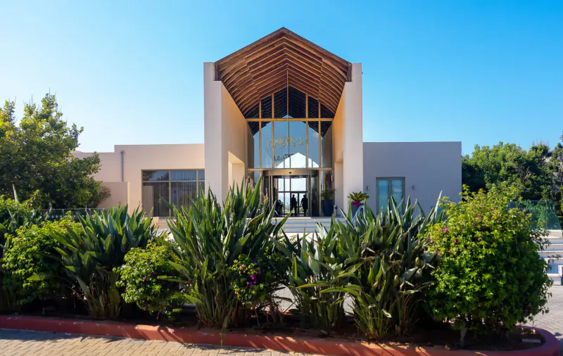 Modern resort entrance with wooden roof, glass doors, agave plants, and pool under blue sky at Cavo Spada, Crete