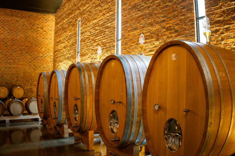 Row of large wooden wine barrels in a warm brick-walled cellar at Brookdale Wine Estate