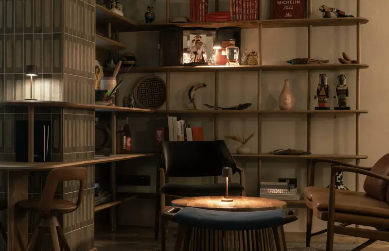 Cozy room with wooden shelves of books, ceramics, antlers, and decor; leather chairs around lamp-lit table.