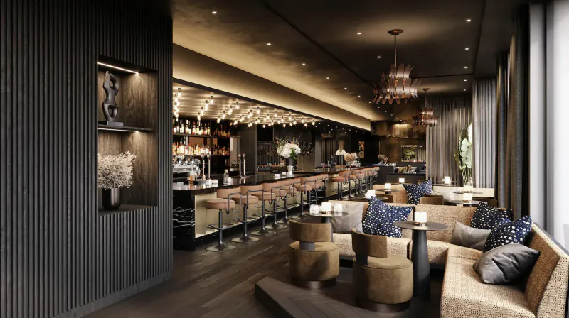 Luxurious modern hotel bar with wooden walls, glowing backlit shelves, gold stools, velvet seating, and chandeliers.