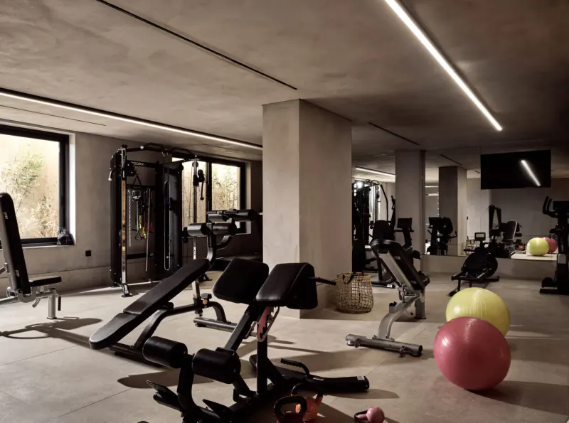 Modern hotel gym with weight benches, exercise machines, red and yellow exercise balls, and large windows