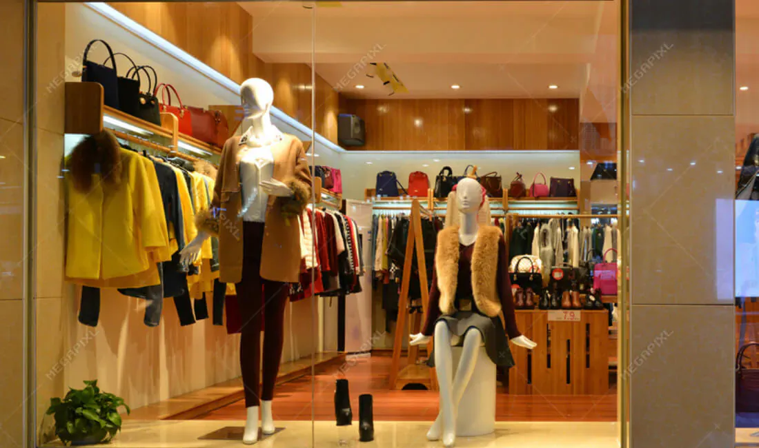 Modern clothing store window display with mannequins in colorful outfits, coats, dresses, bags, and shelves.