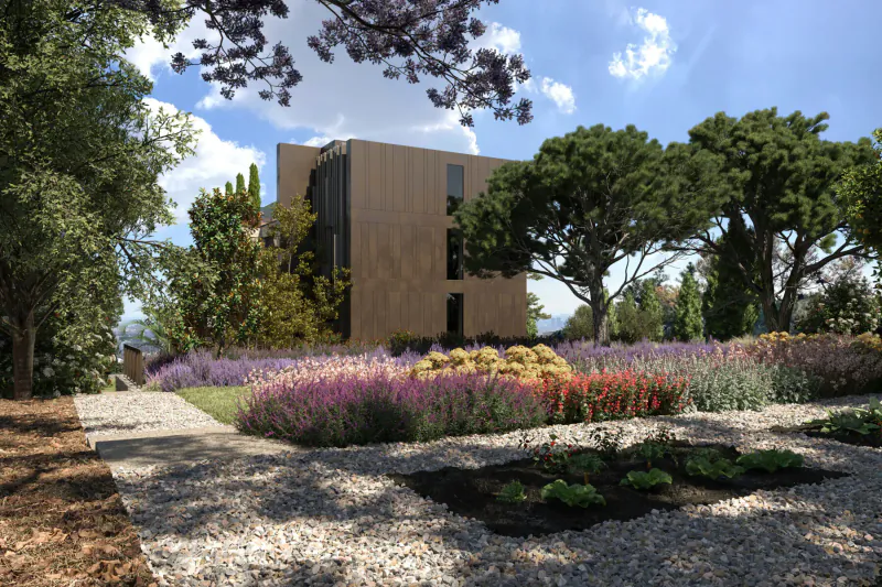 Modern ultra-luxurious villa with wooden facade amid vibrant colorful gardens, pine trees, and gravel paths under blue sky