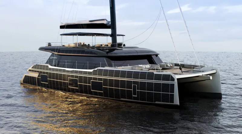 Sleek black Sunreef 100 ECO luxury catamaran sailing on calm ocean waters with tall mast.