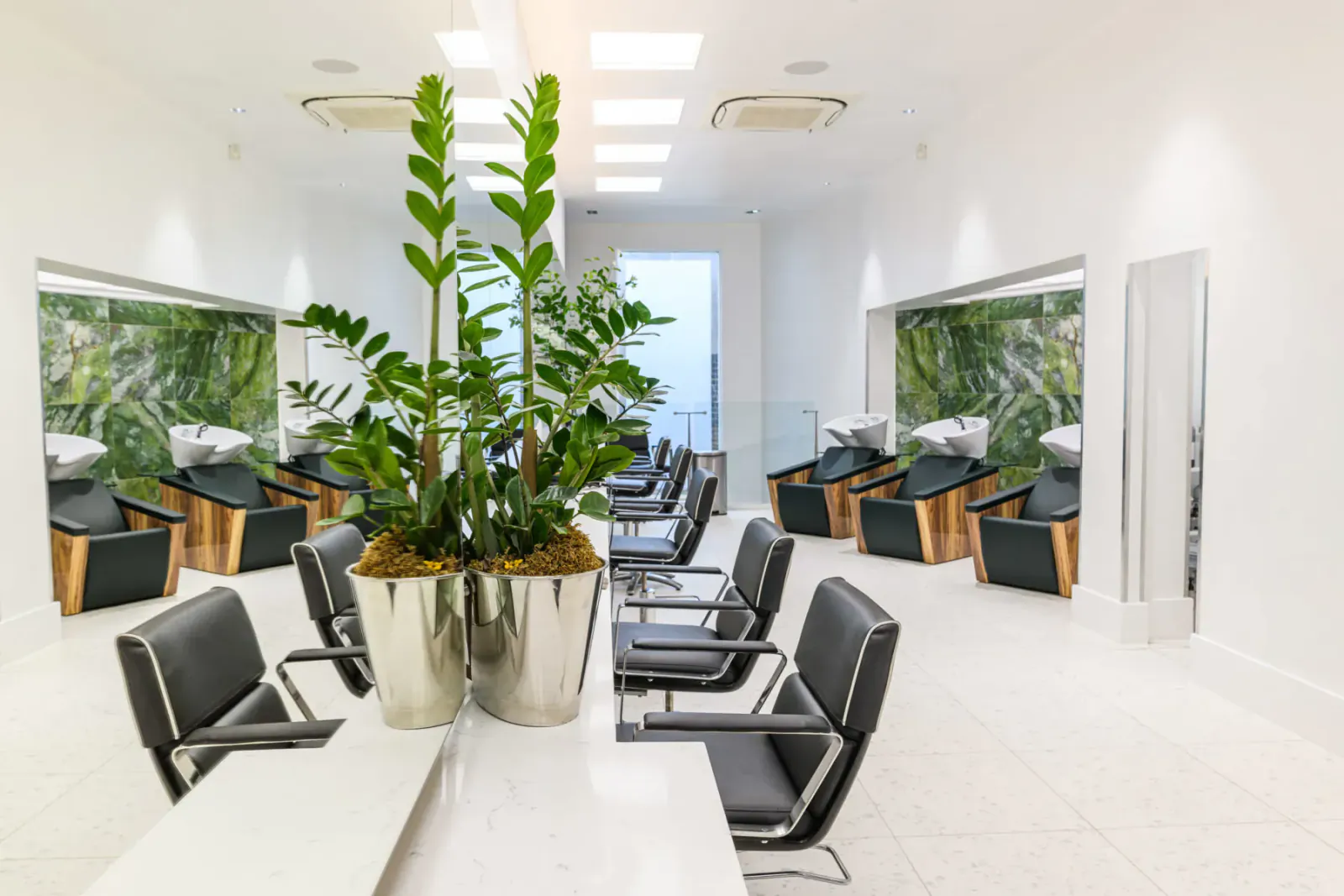 Modern Neville Hair and Beauty salon with black salon chairs, white counters, large potted plants, and tropical wall murals.