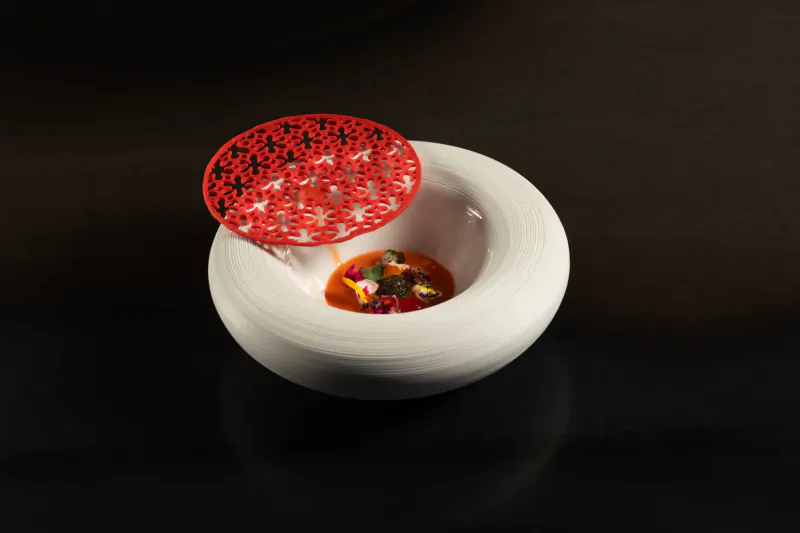 White bowl with colorful soup topped by intricate red lattice lid on black background