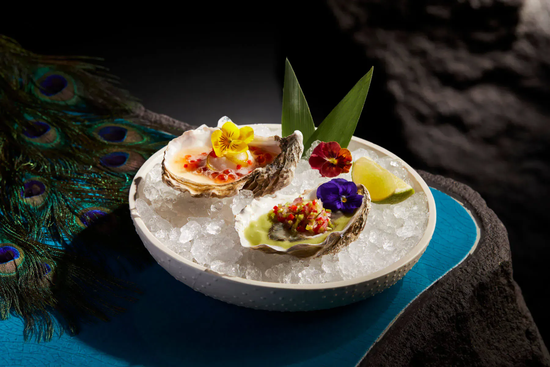 Two oysters on ice in white bowl, garnished with edible flowers, lime, and herbs beside peacock feathers.