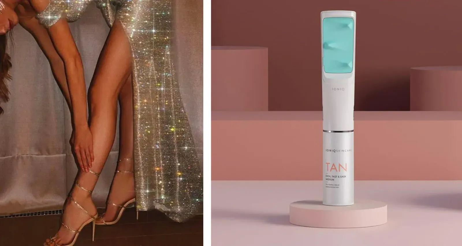 Woman in sparkling gown applying Ioniq Skincare leg product beside 'Ioniq' tube on pink pedestal for party glow.