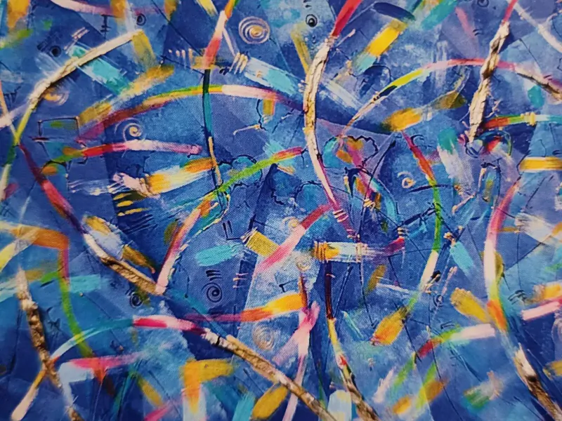 Abstract painting with swirling blue, yellow, pink, and white lines and shapes.