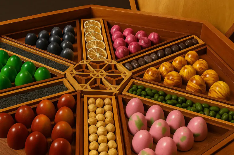 Close-up of ornate wooden Ludo board with colorful marbles in red, blue, green, yellow, pink, and orange sections