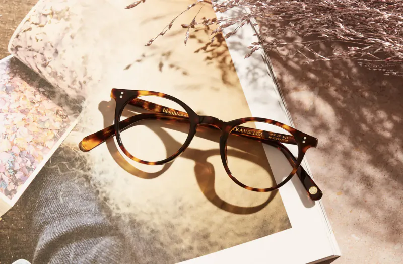 Tortoise-shell round eyeglasses resting on colorful patterned papers with dried grasses and soft shadows.