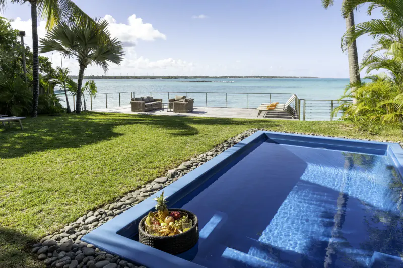 Infinity pool with plants in lush tropical garden at Villa Ruby, Beach Belle Mare, Mauritius, overlooking turquoise ocean.