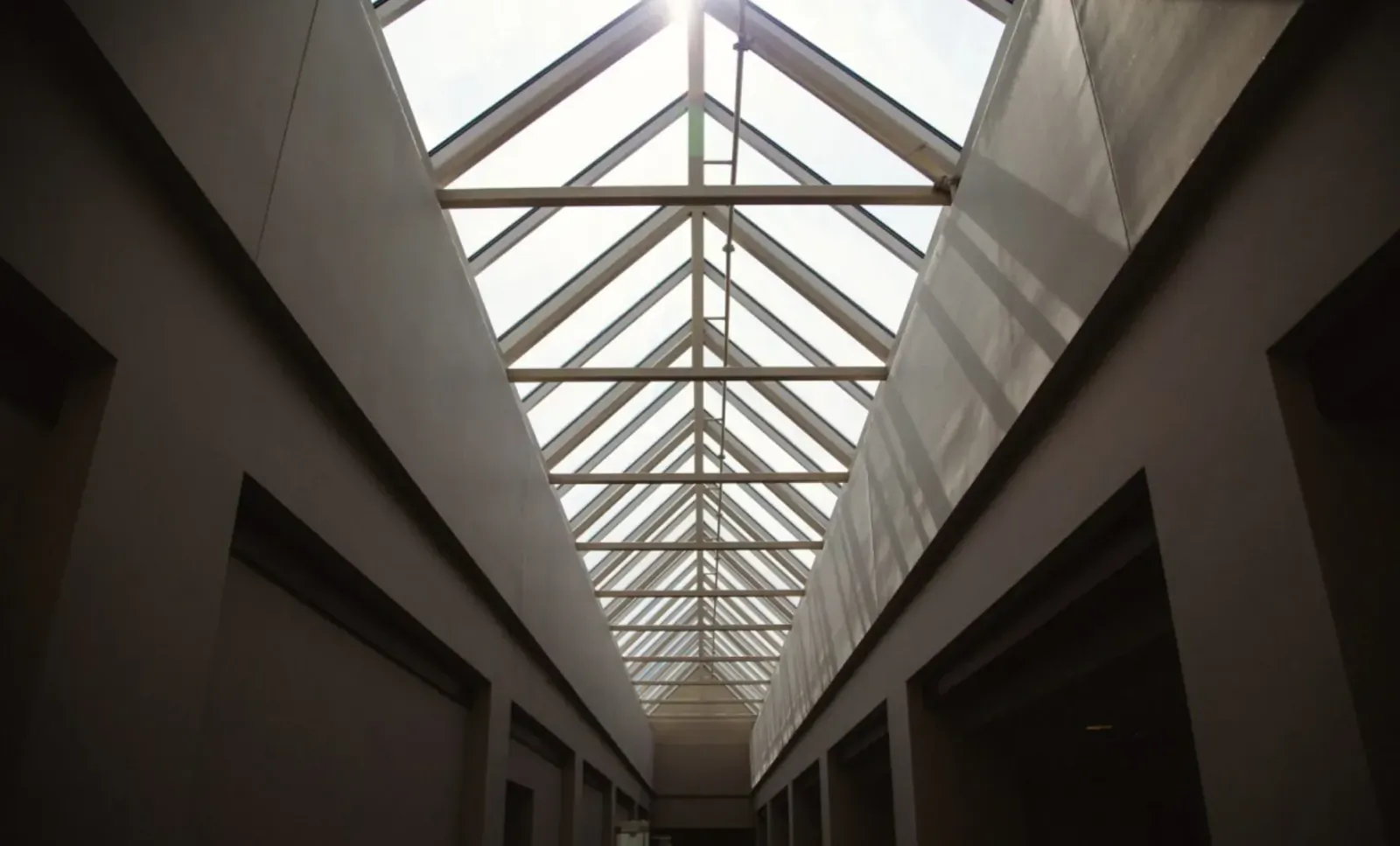 Bright skylight with steel truss frame illuminating upscale barn hallway interior