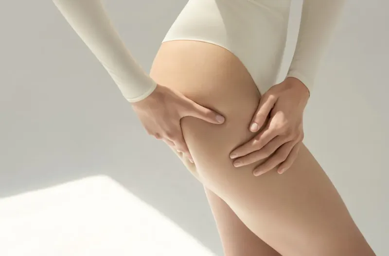 Model's hands applying Natura Bissé Lipo-Gel Sculpting anti-cellulite firming gel to thigh, close-up.