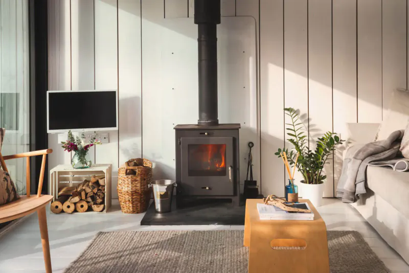 Cozy living room with lit wood-burning stove, white walls, sofa, plants, firewood, and low table in Boutique Retreats stay