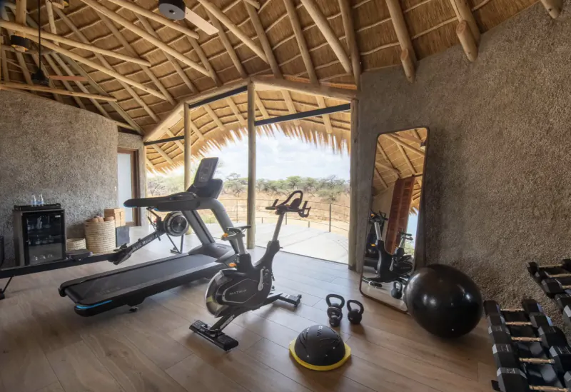 Luxury gym in thatched Camp Kala hut with treadmill, bike, weights, overlooking Etosha savanna.