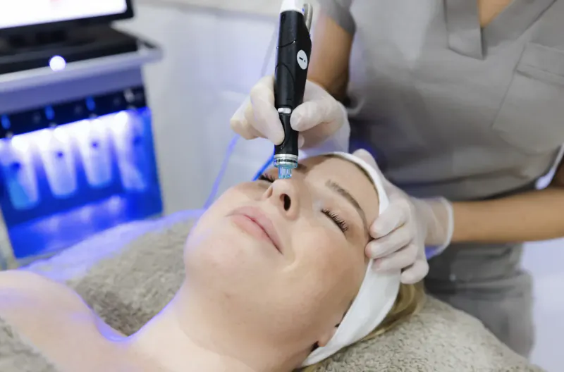 Nurse in scrubs performs microneedling treatment on relaxed female client's face in aesthetics clinic with blue LED lights.