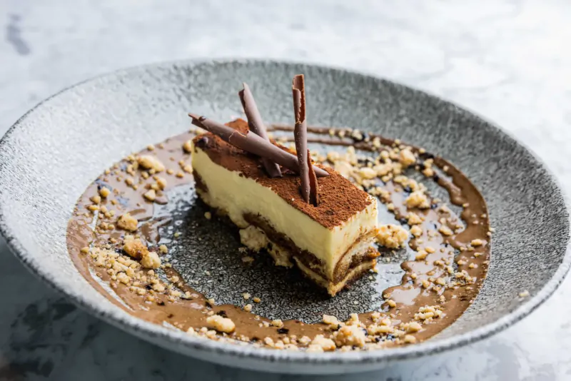 Slice of tiramisu with cocoa dusting, chocolate sticks, nuts, and sauce in a gray bowl
