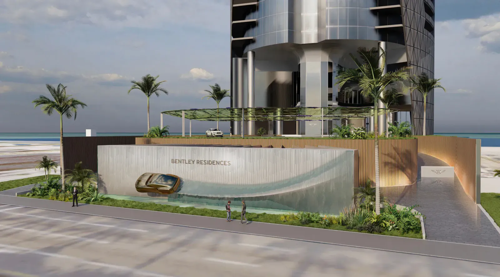 Bentley Residences entrance with modern tower, palm trees, and beachfront in Sunny Isles Beach, Miami.