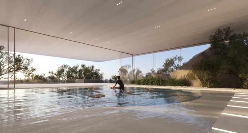 Person paddleboarding in serene infinity pool of modern Dubai luxury villa with glass walls and desert trees
