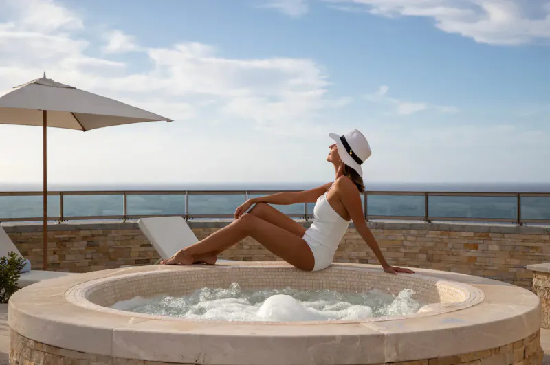 Woman in white swimsuit and hat reclining in hot tub at Jumeirah Port Söller Hotel spa, ocean view balcony.