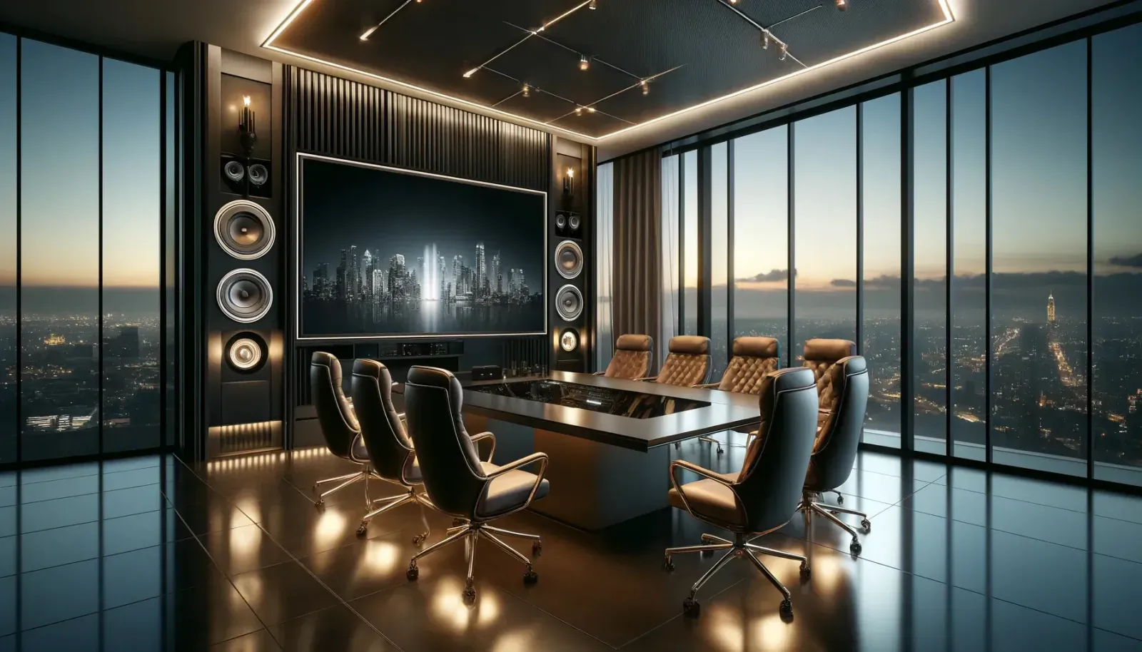 Modern executive boardroom with large video screen, speakers, leather chairs, and city skyline sunset view