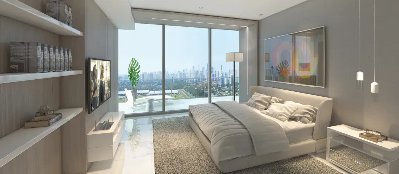 Spacious modern luxury bedroom with panoramic city skyline view through floor-to-ceiling windows, white bed, and plants.