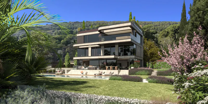 Modern ultra-luxury villa with infinity pool, lounge chairs, surrounded by lush gardens, palms, and mountains under blue sky