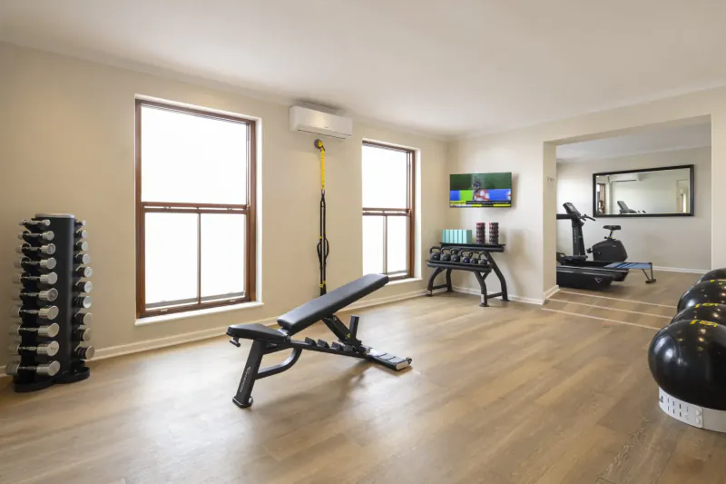 Modern home gym with weight bench, dumbbell rack, pull-up bar, exercise bike, stability balls, and TV.