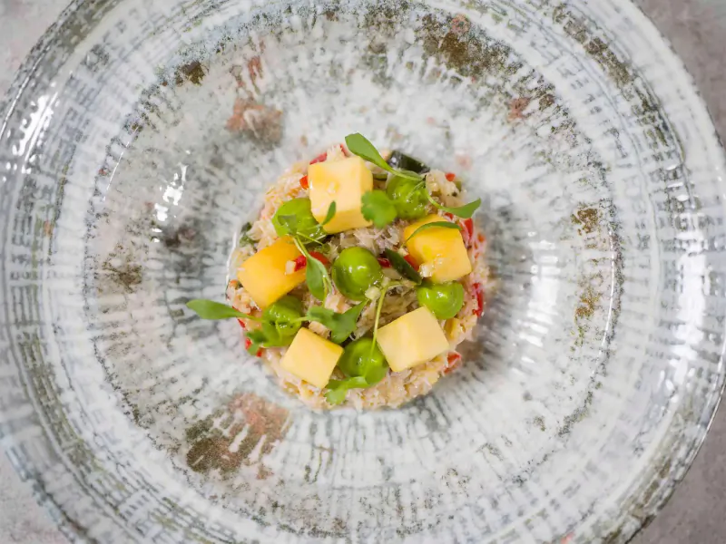 Close-up of rice topped with mango cubes, cheese, green peas, microgreens, and red pepper on white plate