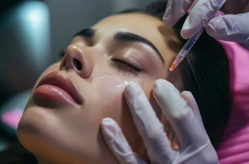 Close-up of woman receiving facial filler injection from gloved hands in med spa, eyes closed on pink chair.