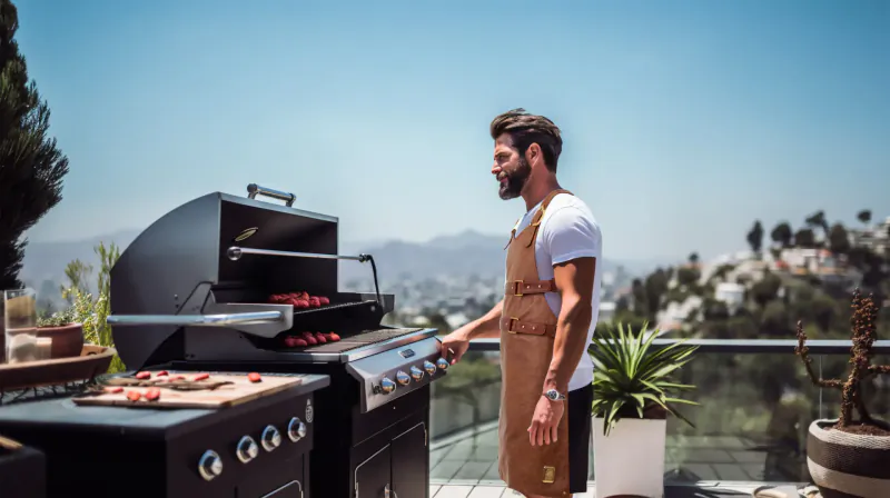 Bearded man in white tee and apron grills red meats on sleek gas BBQ on sunny balcony with hills view