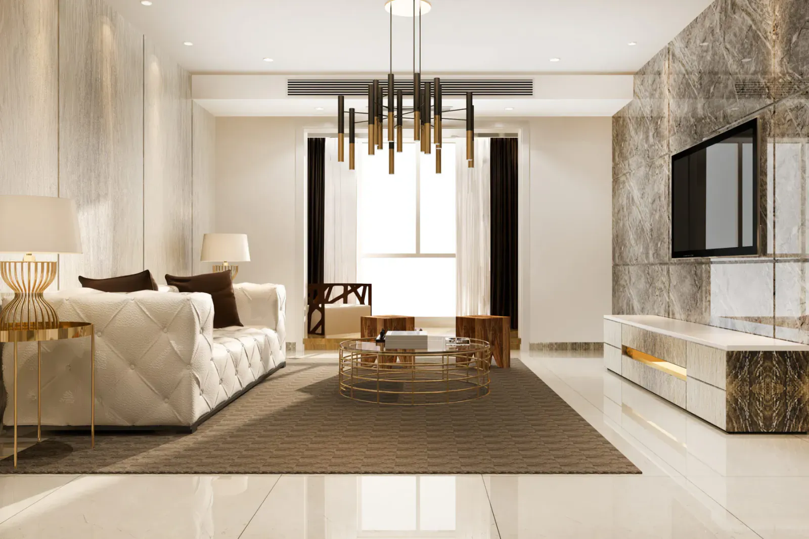 Luxurious modern living room with white leather sofa, gold accents, chandelier, TV on marble wall