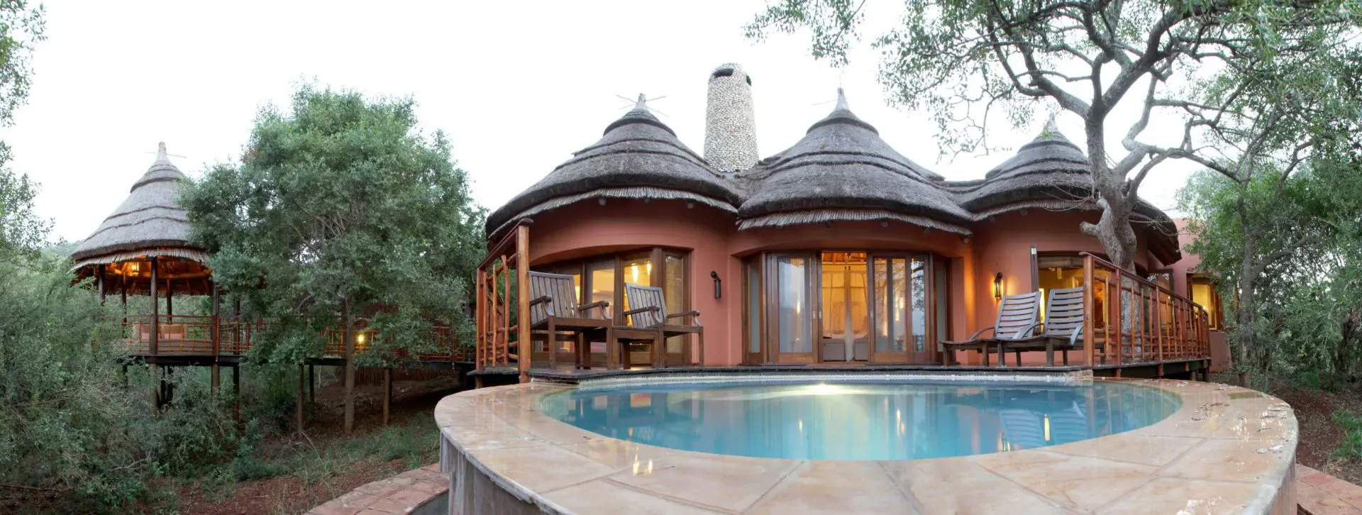 Luxury thatched-roof safari villas with infinity pool, surrounded by trees at Thanda Safari