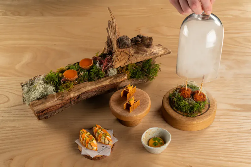 Hand lifting glass dome from mossy log with orange-topped canapés, plus skewers, sushi rolls, and small bowls on wood table