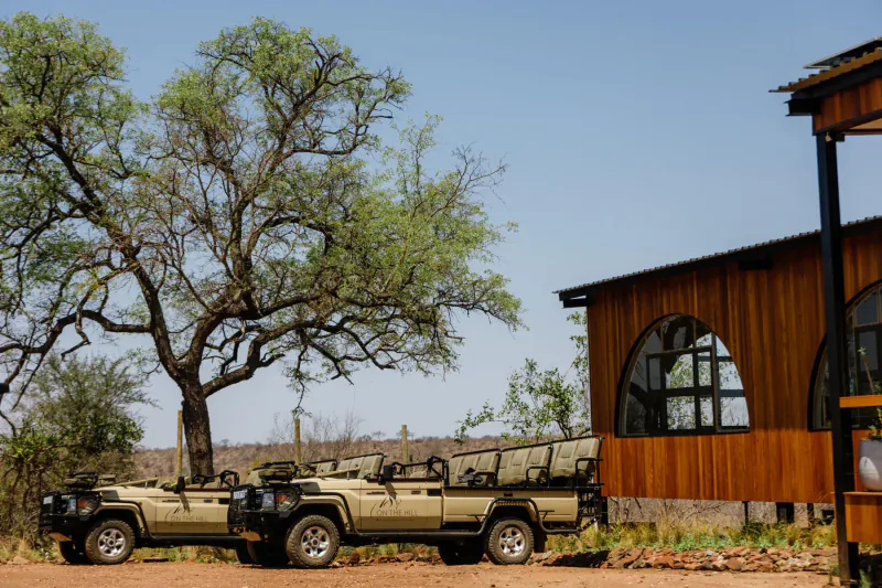 Three beige safari jeeps parked outside a wooden lodge with arched windows under acacia trees in Kruger savanna.