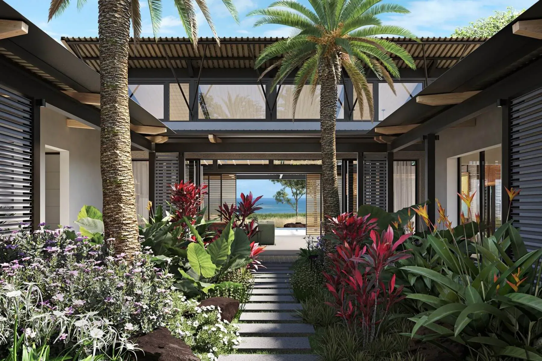 Modern tropical courtyard in Mauritian residence with palm trees, lush plants, stone path, and ocean view