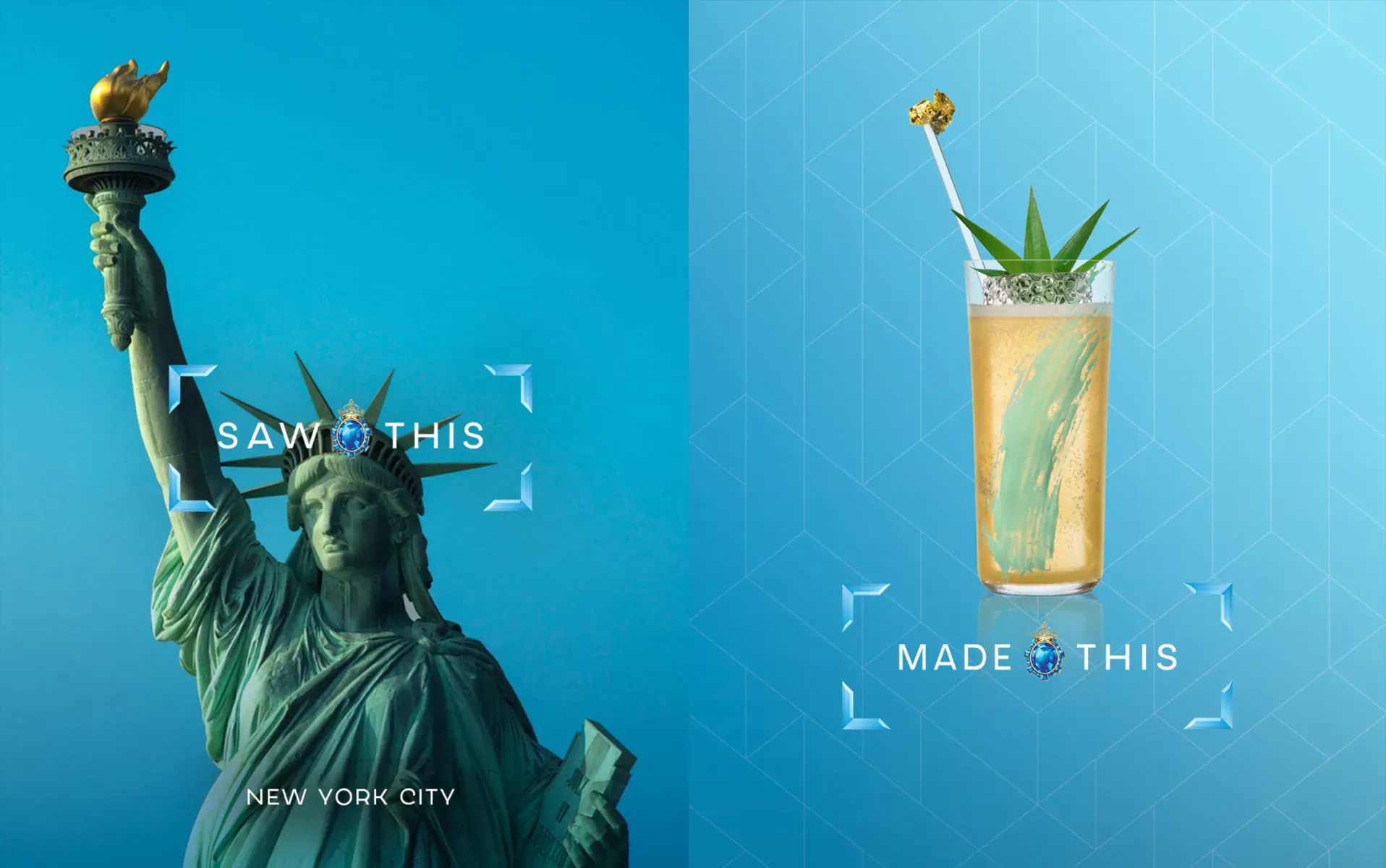 Split image: Statue of Liberty with 'Save This' overlay on blue; cocktail with agave, 'Made This' on blue. New York City.