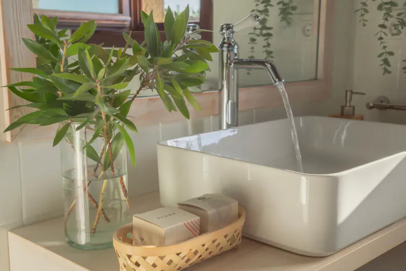 Modern bathroom sink with running water, green vase of leaves, soap basket, and plants near window at wellness retreat.