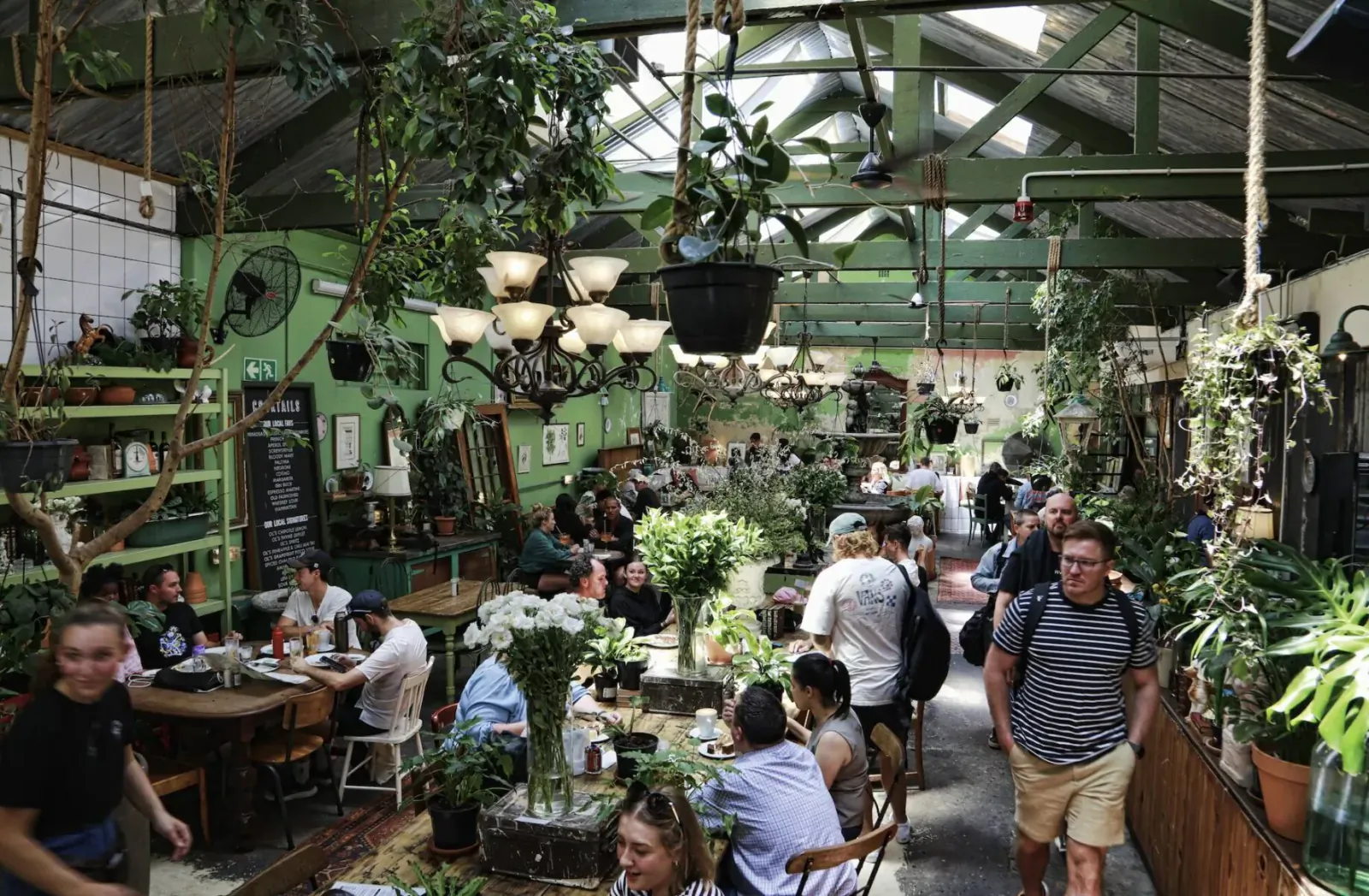 Busy plant-filled greenhouse restaurant on Kloof Street with diners at wooden tables amid lush greenery.