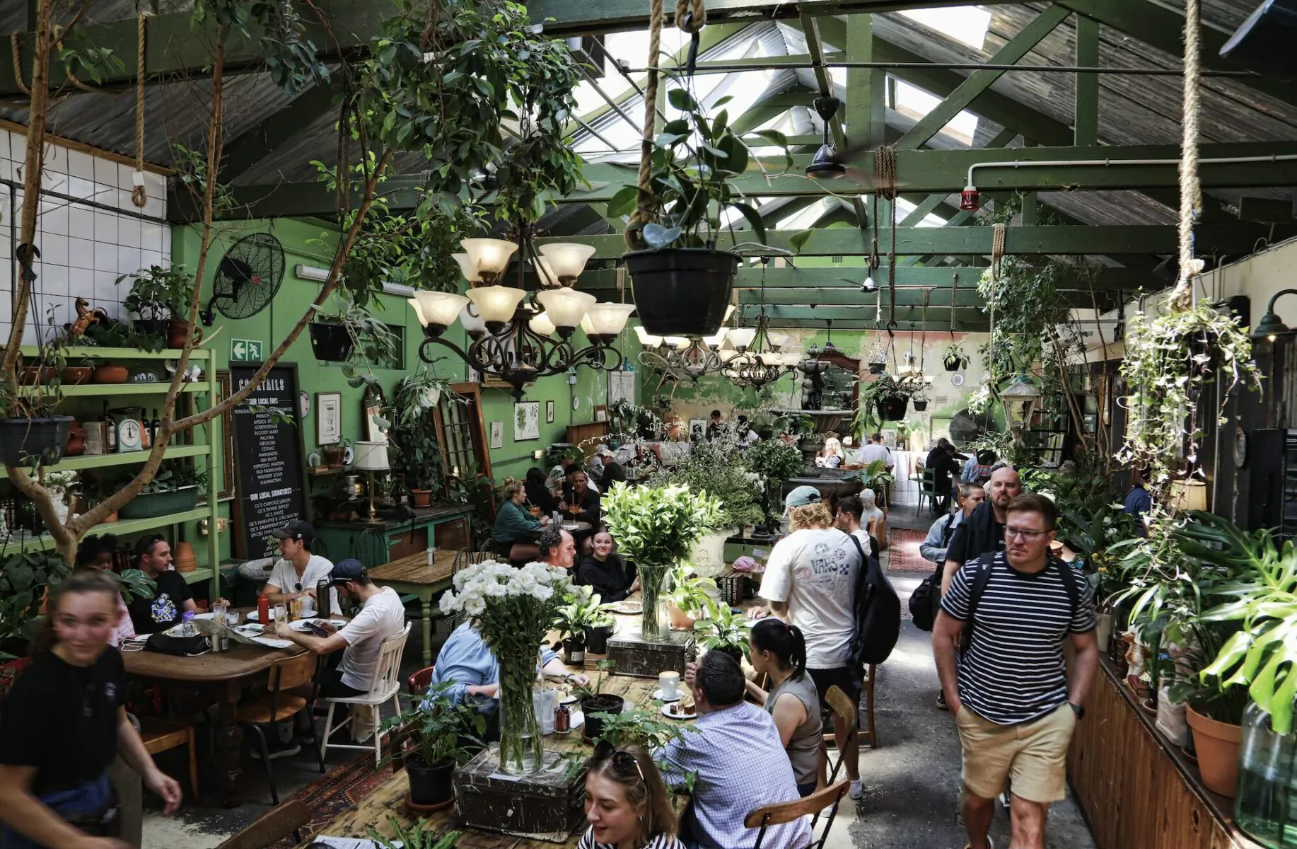 Busy plant-filled greenhouse restaurant on Kloof Street with diners at wooden tables amid lush greenery.