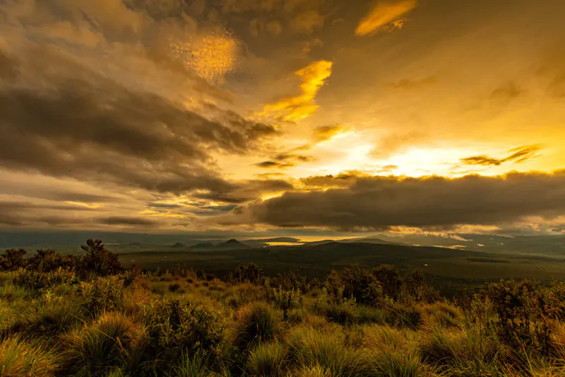 Dramatic golden sunset over bushy landscape and distant mountains at Chui Lodge, Lake Naivasha, Kenya